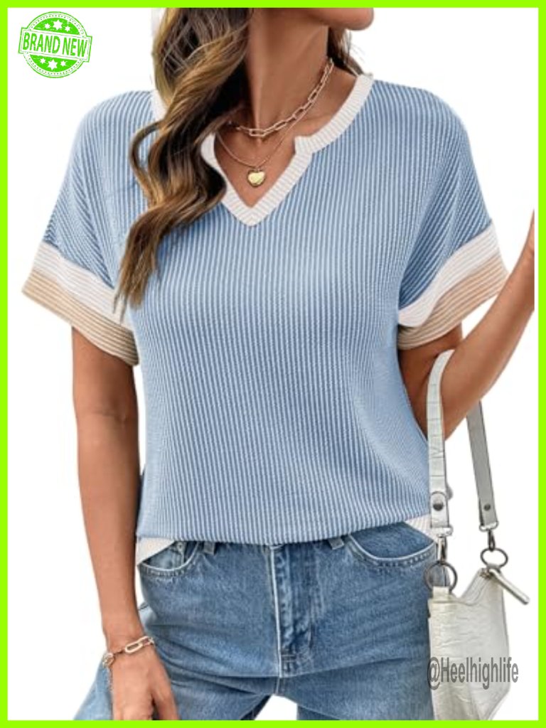 Colorblock V Neck Short Sleeve T Shirt Dressy Casual Vacation Top